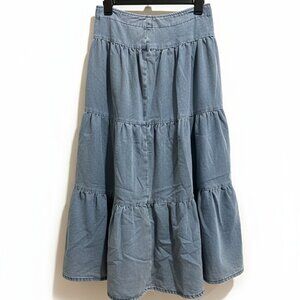 SHEIN VCAY Denim Blue Tiered Maxi Skirt Size 28 Boho High Waisted High Slit NEW